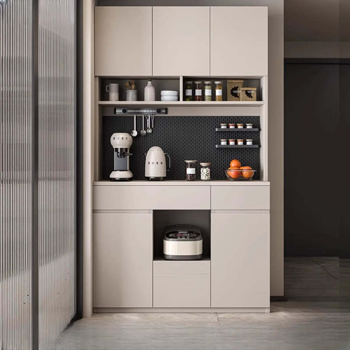 Contemporary Dove Gray Wood Large Open Sideboard