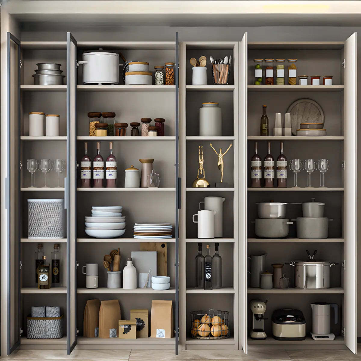 Contemporary Dove Gray Wood Large Open Sideboard
