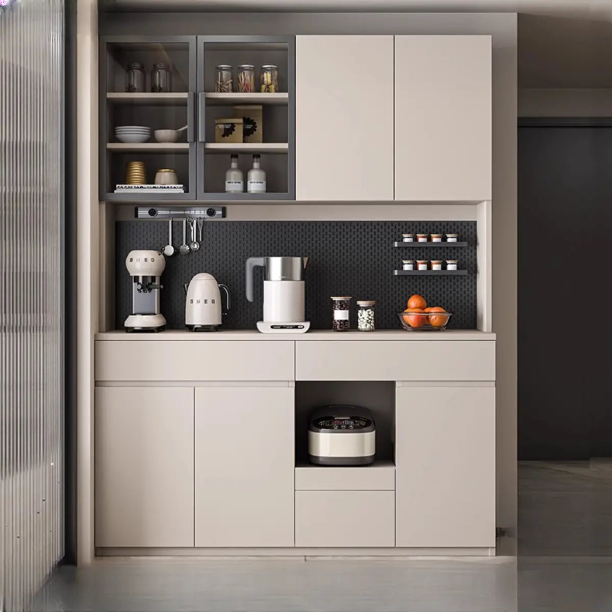 Contemporary Dove Gray Wood Large Open Sideboard