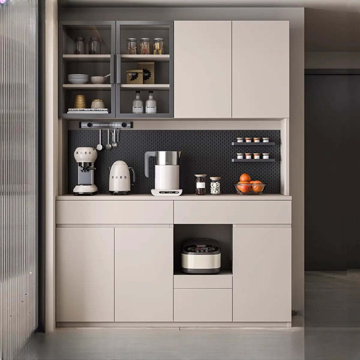 Contemporary Dove Gray Wood Large Open Sideboard