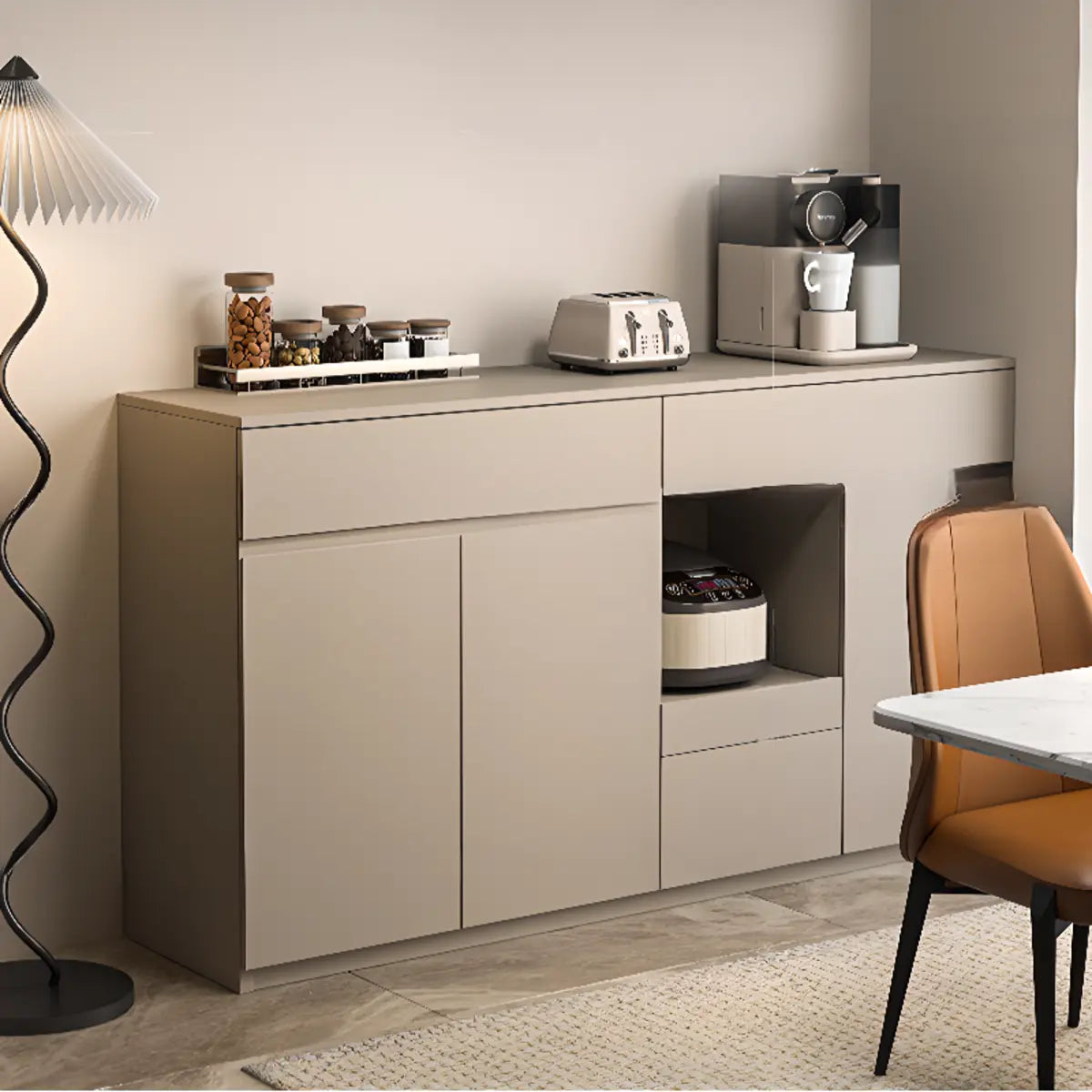 Contemporary Dove Gray Wood Large Open Sideboard
