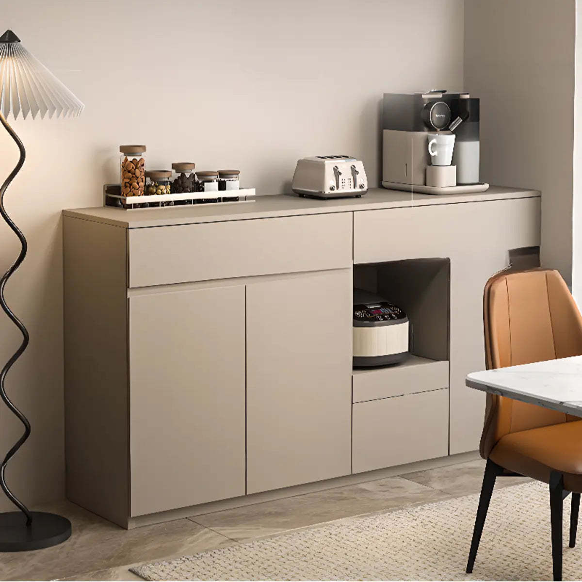 Contemporary Dove Gray Wood Large Open Sideboard