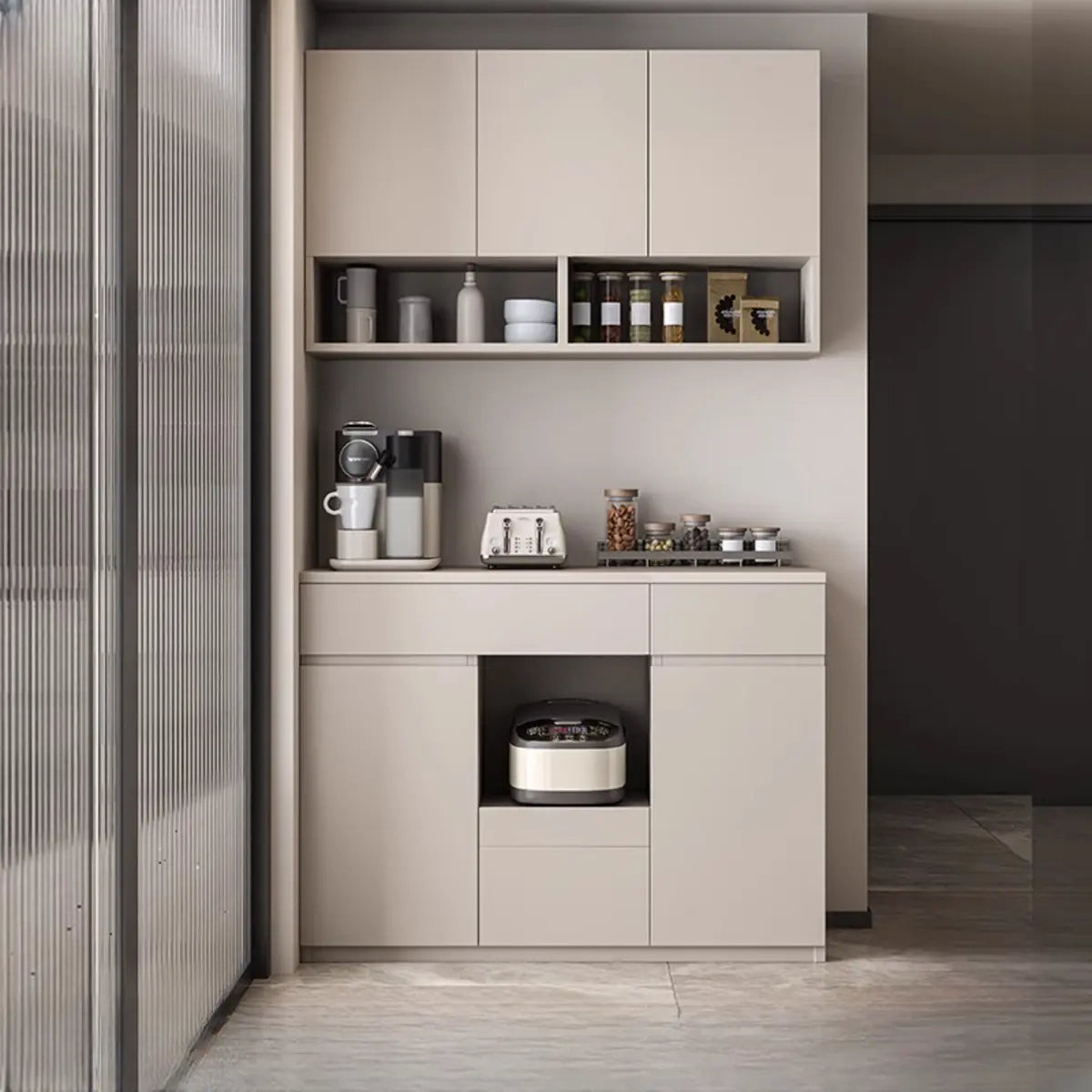 Contemporary Dove Gray Wood Large Open Sideboard