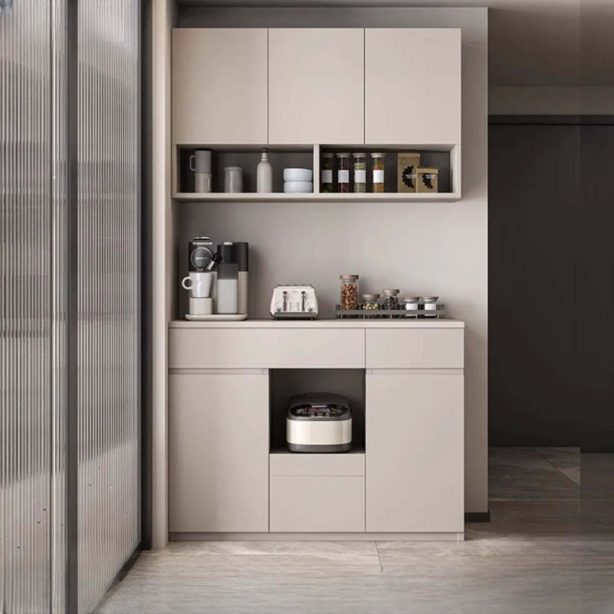 Contemporary Dove Gray Wood Large Open Sideboard