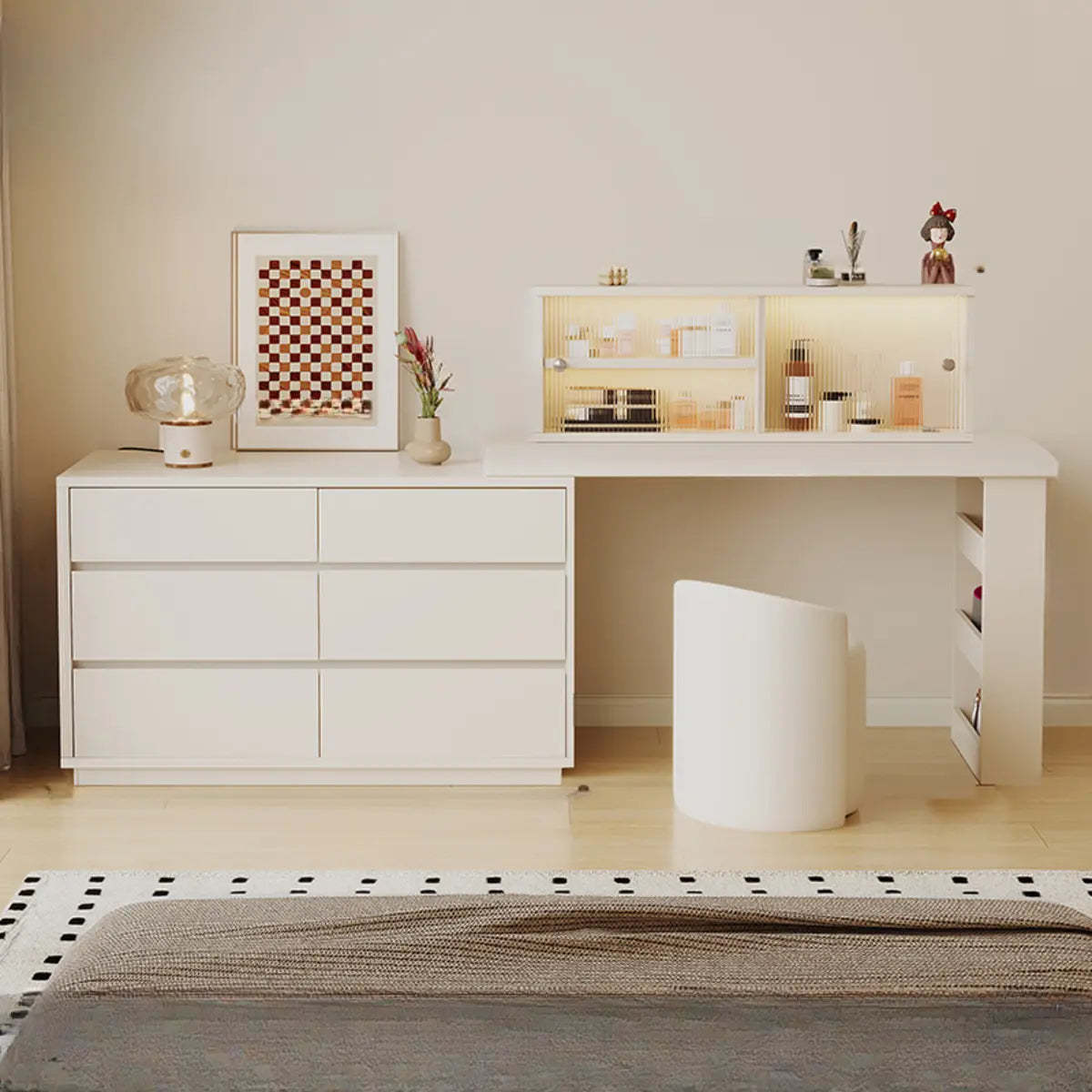 Contemporary White Wood Sliding Vanity — White / Makeup Vanity & Stool