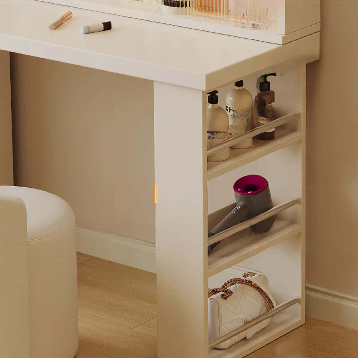 Contemporary White Wood Sliding Vanity — White/ Wood / Makeup Vanity & Stool