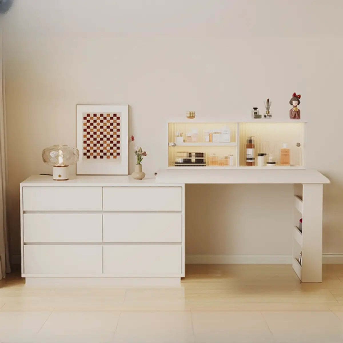 Contemporary White Wood Sliding Vanity — White/ Wood / Makeup Vanities