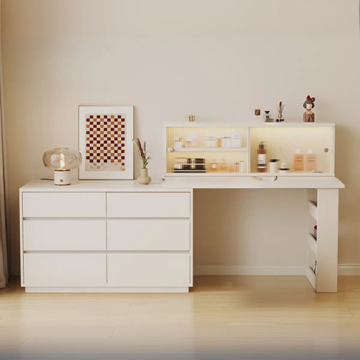 Contemporary White Wood Sliding Vanity — White / Makeup Vanity & Stool
