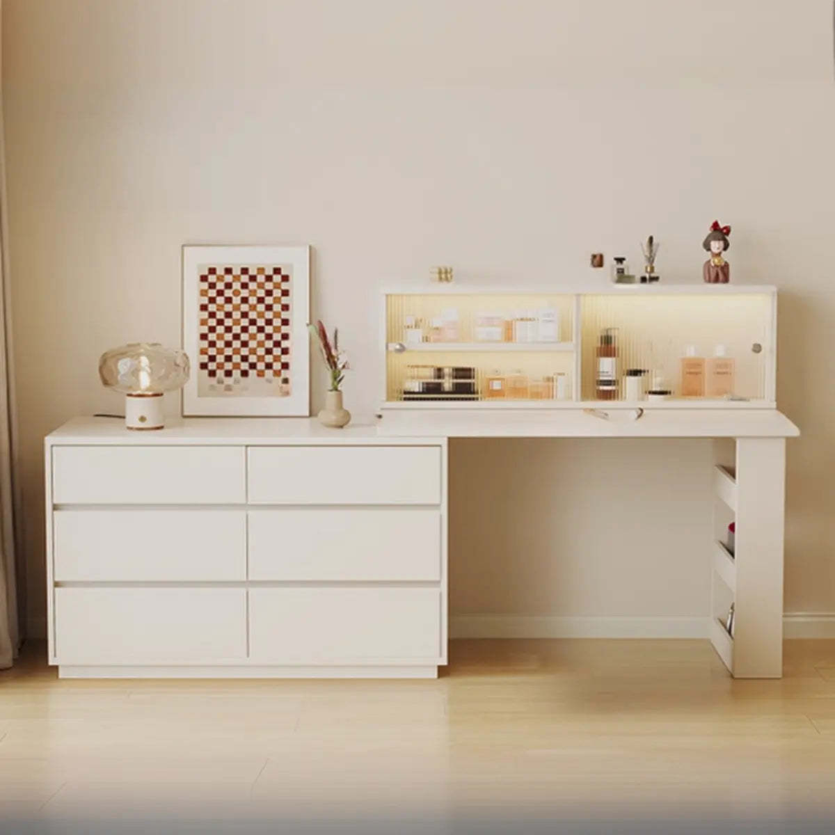 Contemporary White Wood Sliding Vanity — White / Makeup Vanity & Stool