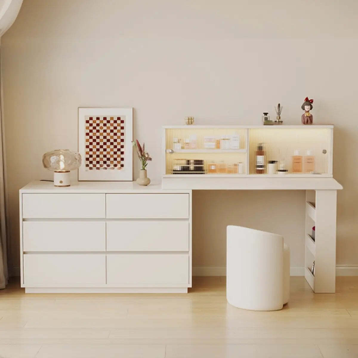 Contemporary White Wood Sliding Vanity — White/ Wood / Makeup Vanities