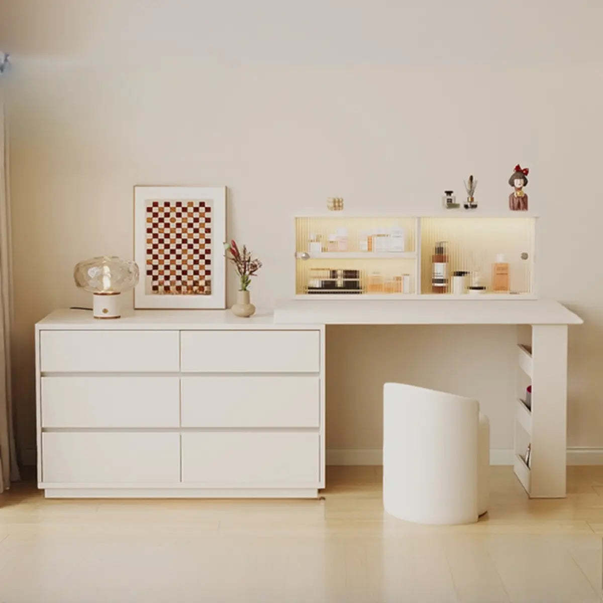 Contemporary White Wood Sliding Vanity — White/ Wood / Makeup Vanity & Stool