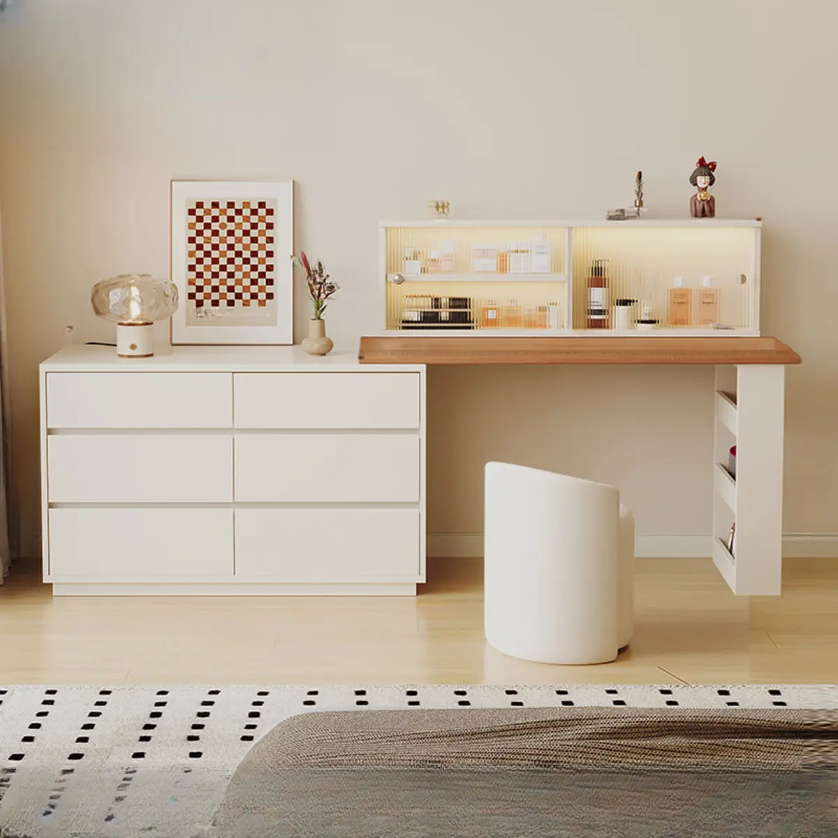 Contemporary White Wood Sliding Vanity — White/ Wood / Makeup Vanities