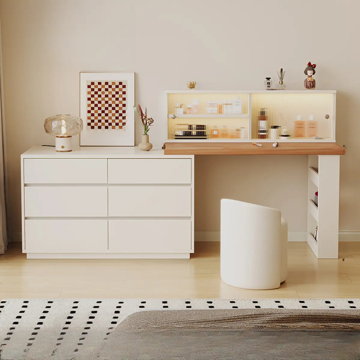 Contemporary White Wood Sliding Vanity — White / Makeup Vanity & Stool
