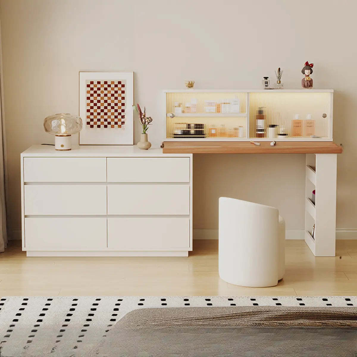 Contemporary White Wood Sliding Vanity — White / Makeup Vanity & Stool