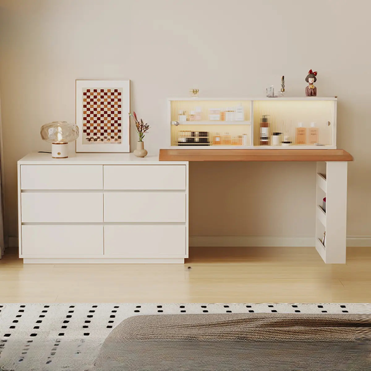 Contemporary White Wood Sliding Vanity — White/ Wood / Makeup Vanities
