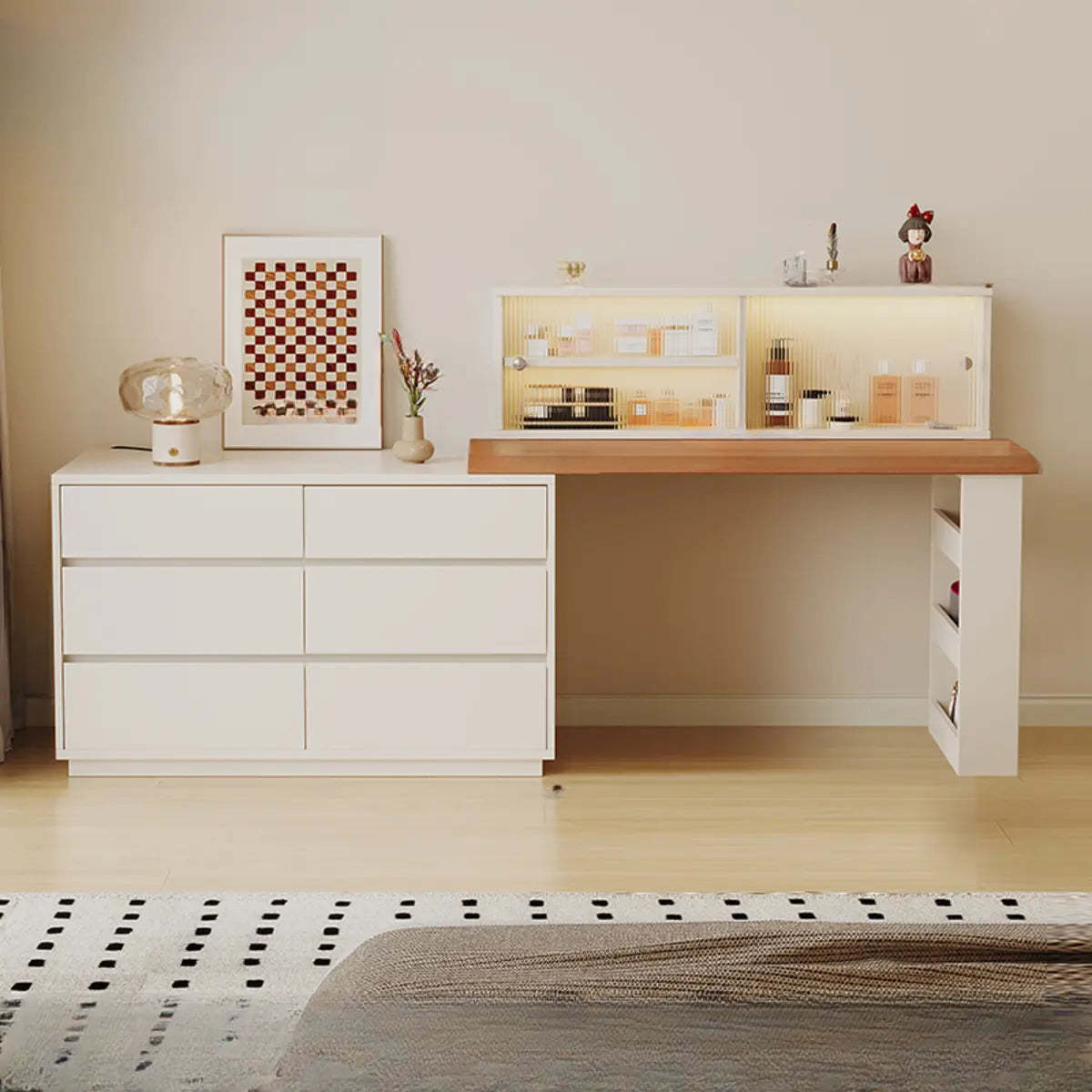 Contemporary White Wood Sliding Vanity — White/ Wood / Makeup Vanities