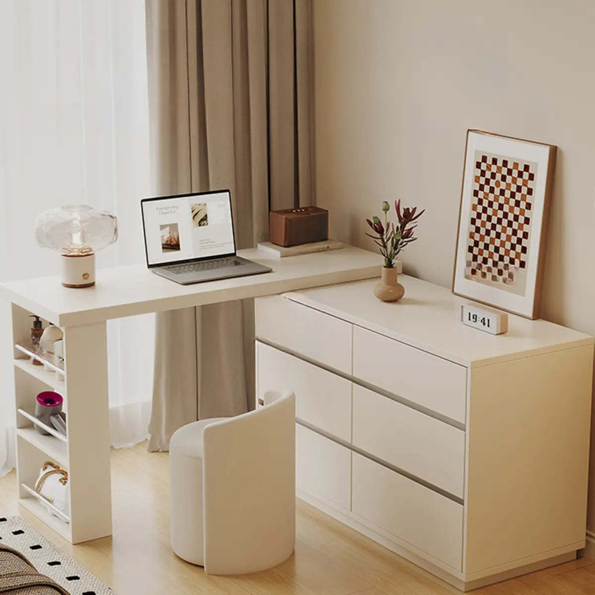 Contemporary White Wood Sliding Vanity — White/ Wood / Makeup Vanity & Stool
