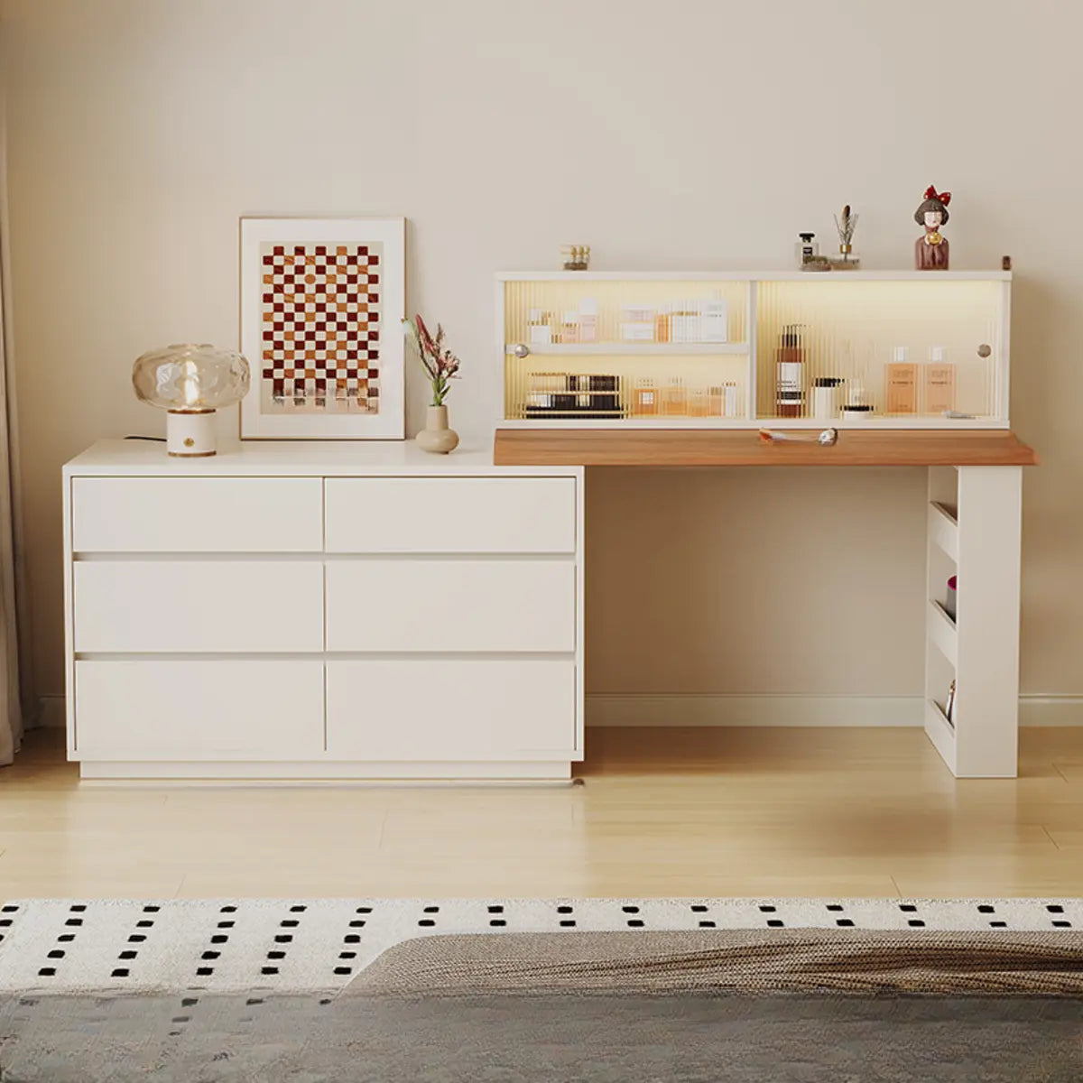Contemporary White Wood Sliding Vanity — White/ Wood / Makeup Vanities