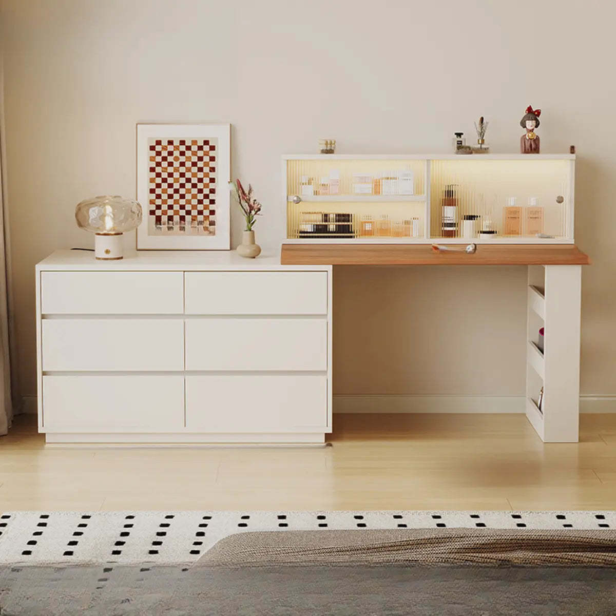 Contemporary White Wood Sliding Vanity — White/ Wood / Makeup Vanities