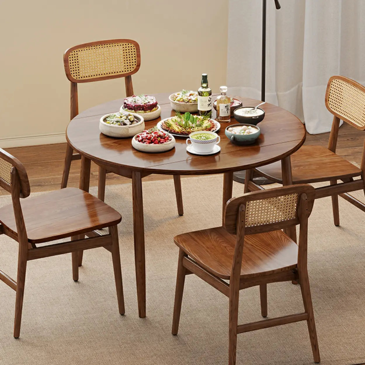 Contemporary Extendable Round Brown Wood Dining Table