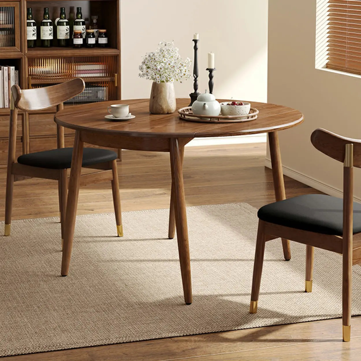 Contemporary Extendable Round Brown Wood Dining Table — Table Only