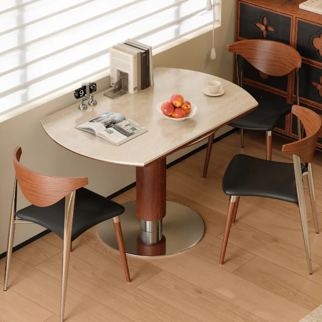Contemporary Extendable Round Stone Metal Dining Table — Black / Table Only