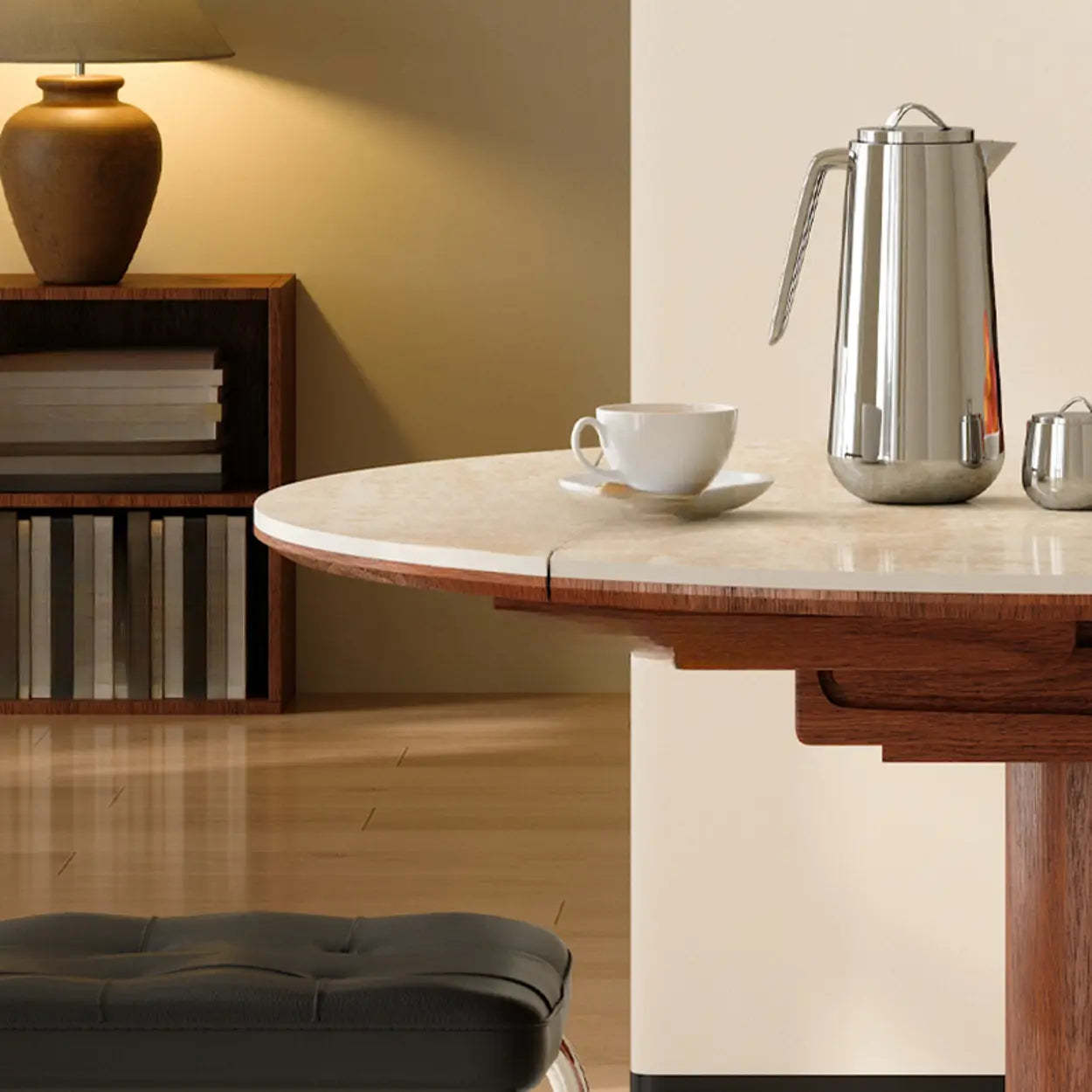 Contemporary Extendable Round Stone Metal Dining Table