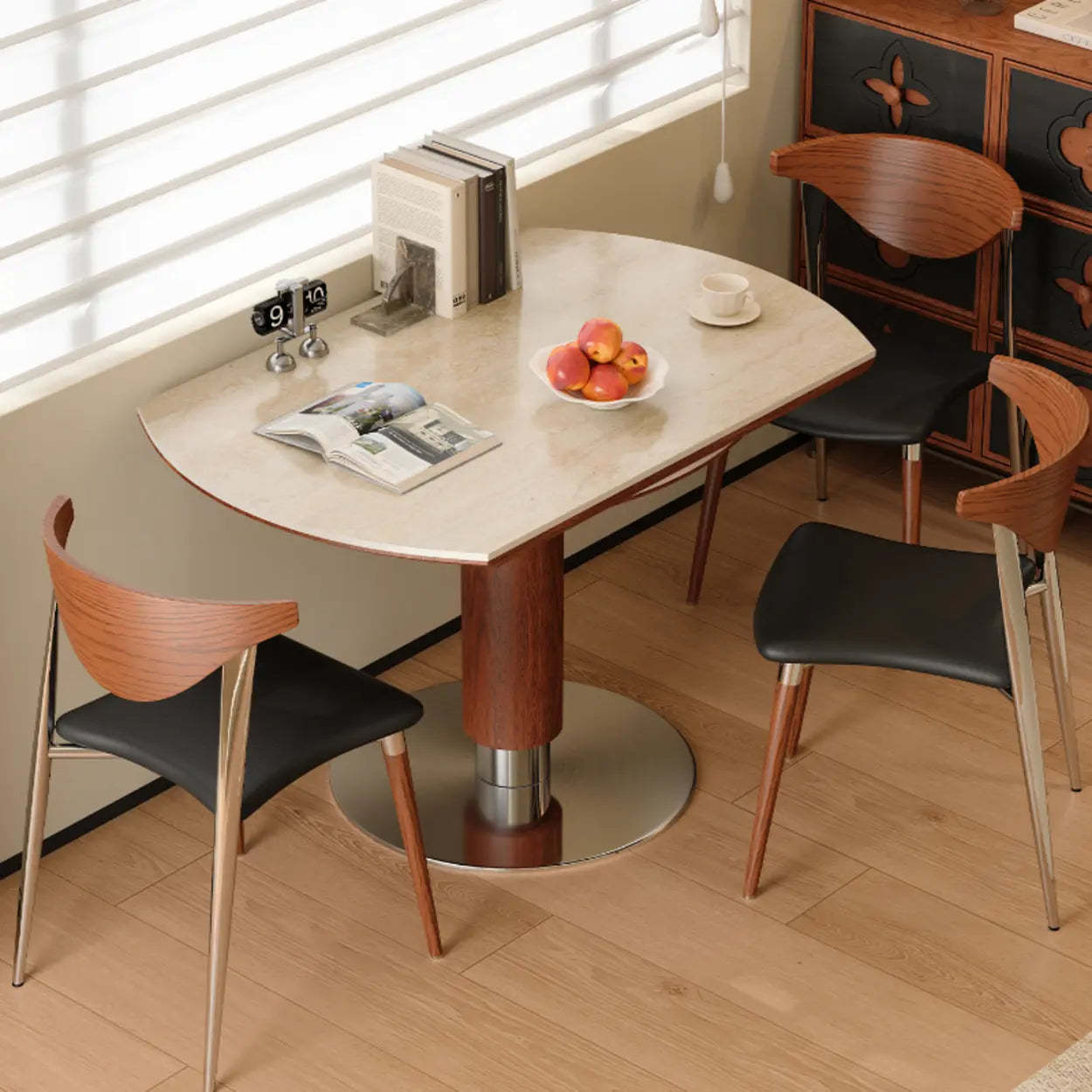 Contemporary Extendable Round Stone Metal Dining Table — Black / Table Only