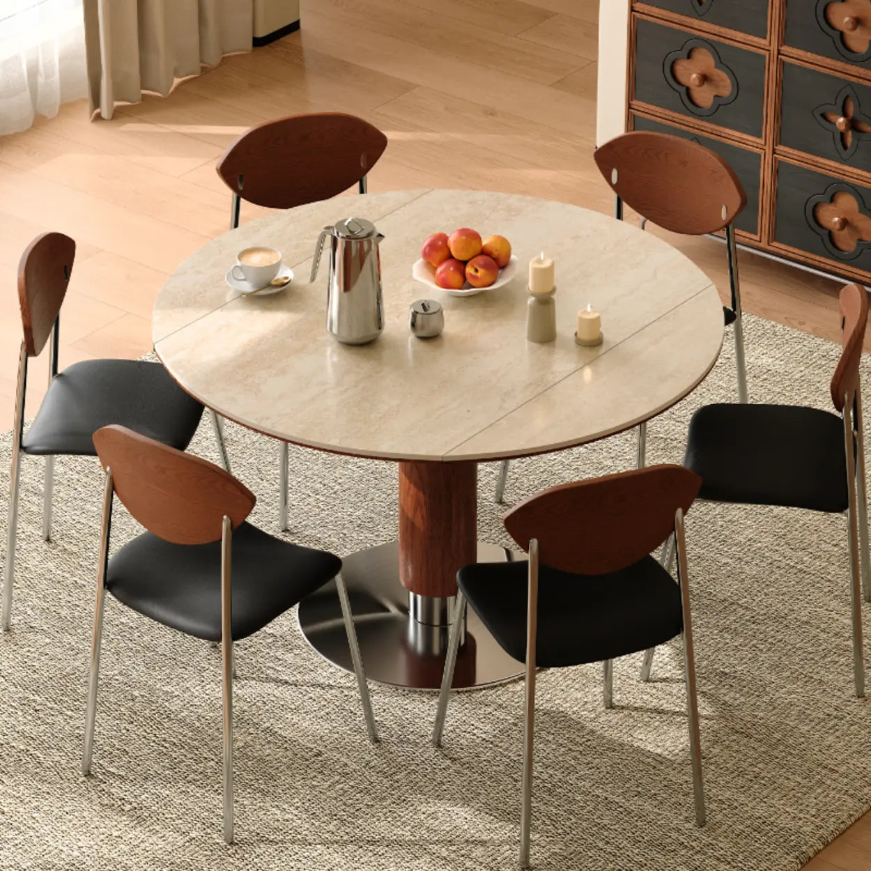 Contemporary Extendable Round Stone Metal Dining Table — Black / Table Only