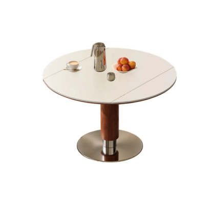 Contemporary Extendable Round Stone Metal Dining Table — Yellow/White / Table Only
