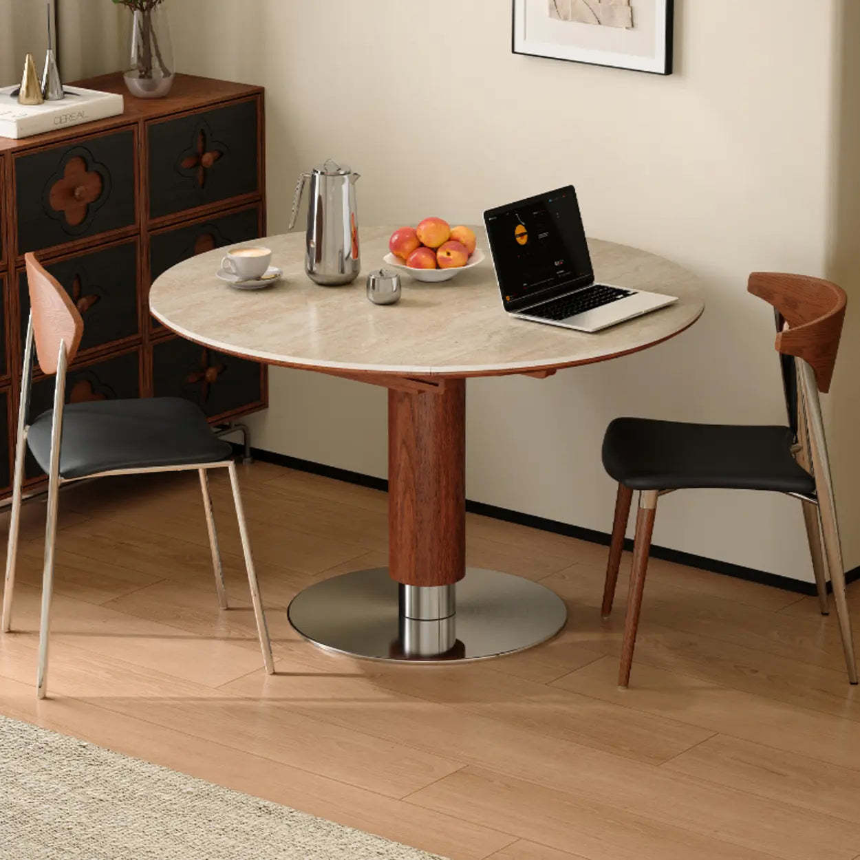 Contemporary Extendable Round Stone Metal Dining Table — Yellow/White / Table Only