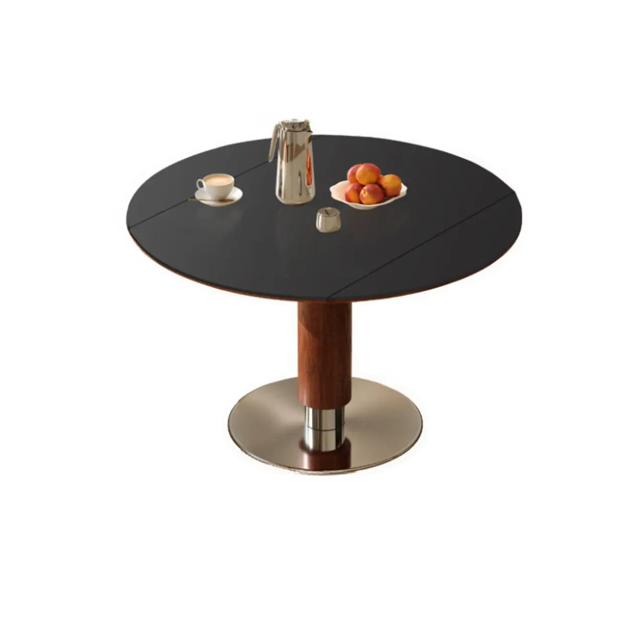 Contemporary Extendable Round Stone Metal Dining Table — Beige / Table Only