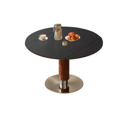 Contemporary Extendable Round Stone Metal Dining Table — Beige / Table Only
