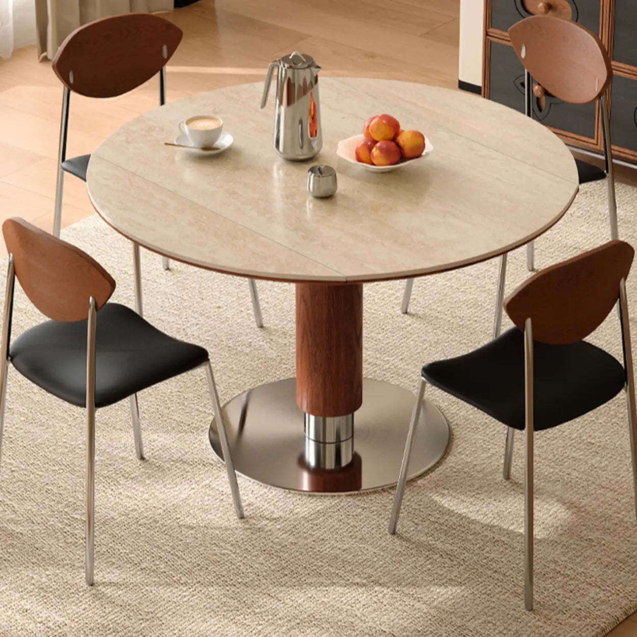 Contemporary Extendable Round Stone Metal Dining Table — Beige / Table Only