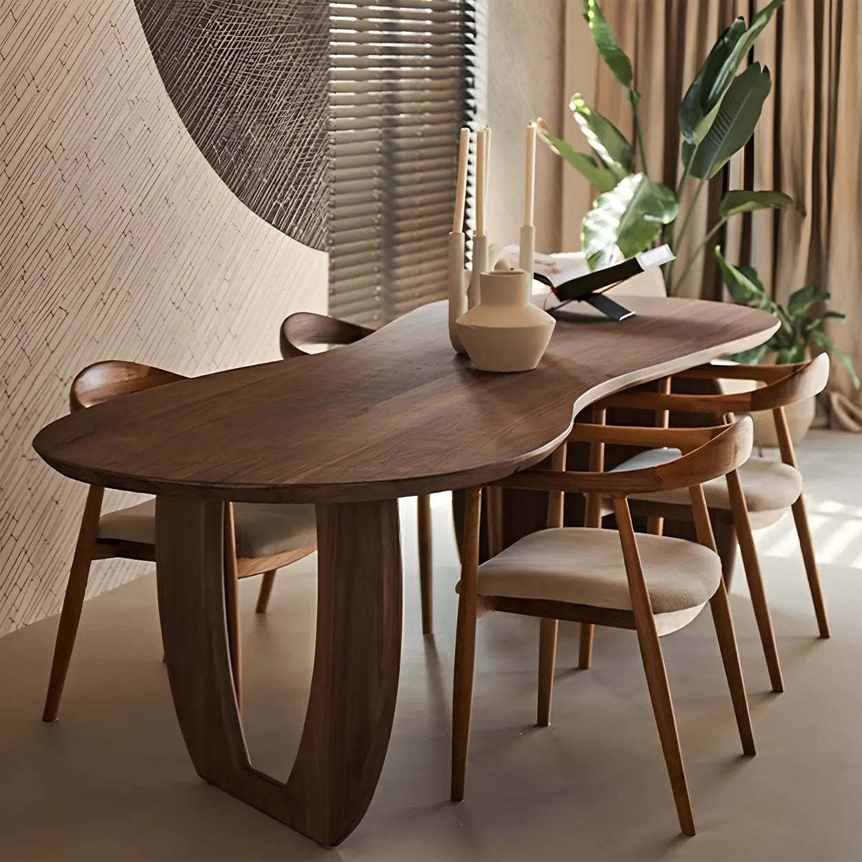 Modern pine free-form dining tables in wood — 55.1"L x 27.6"W x 29.5"H