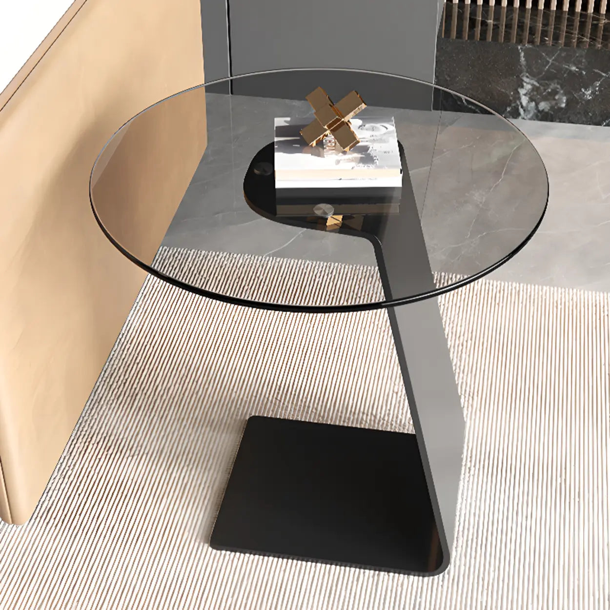 Glass Black Circular Steel-Base Side Table