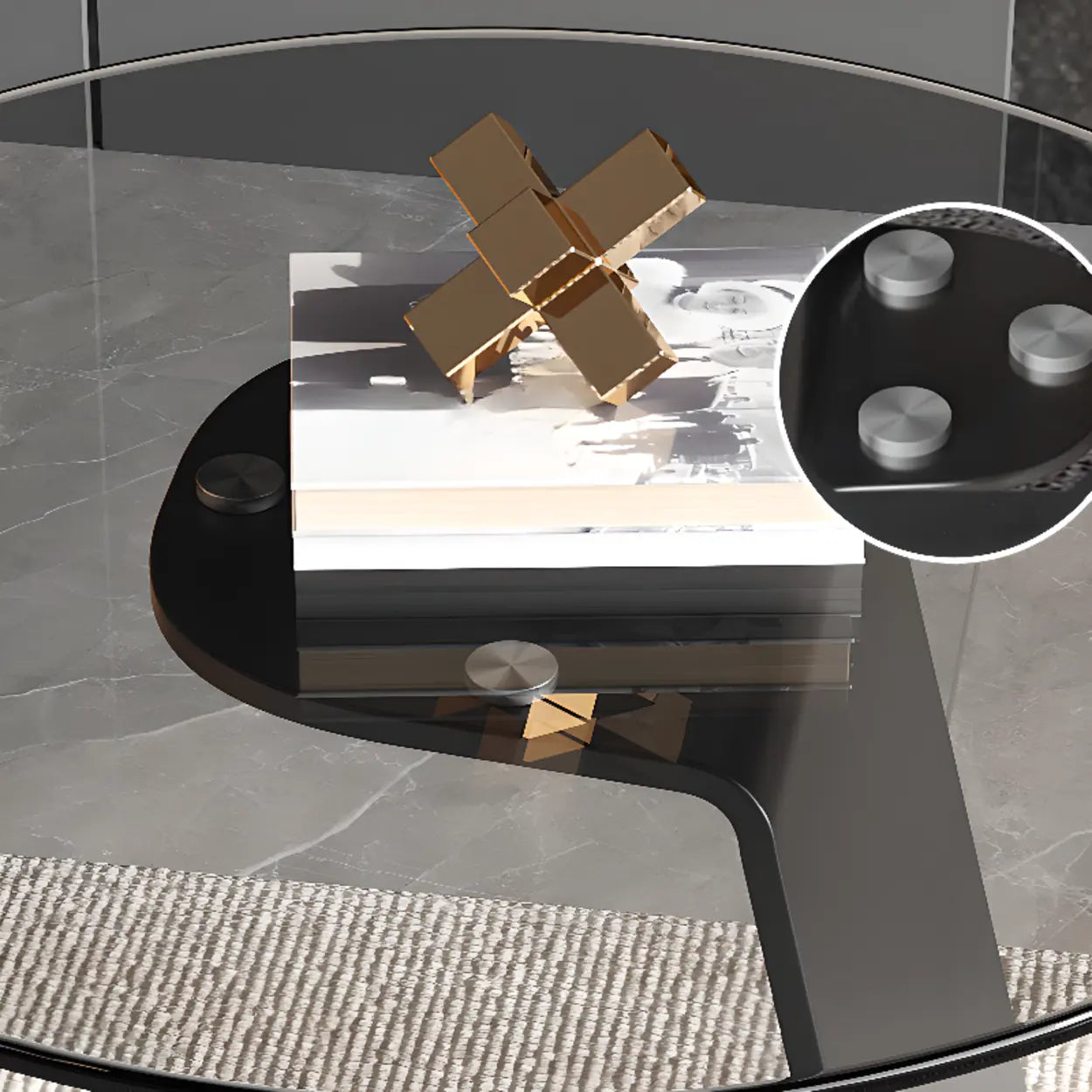 Glass Black Circular Steel-Base Side Table — Gray