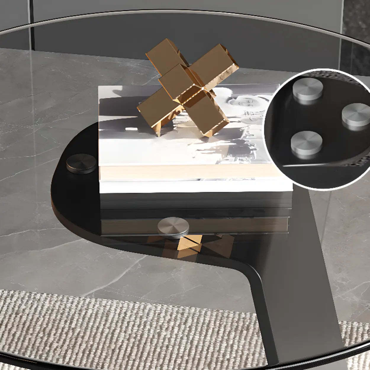 Glass Black Circular Steel-Base Side Table — Gray