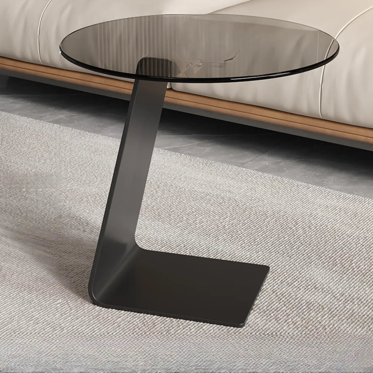 Glass Black Circular Steel-Base Side Table — Gray