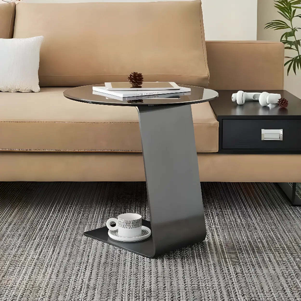 Glass Black Circular Steel-Base Side Table — Transparent Gray