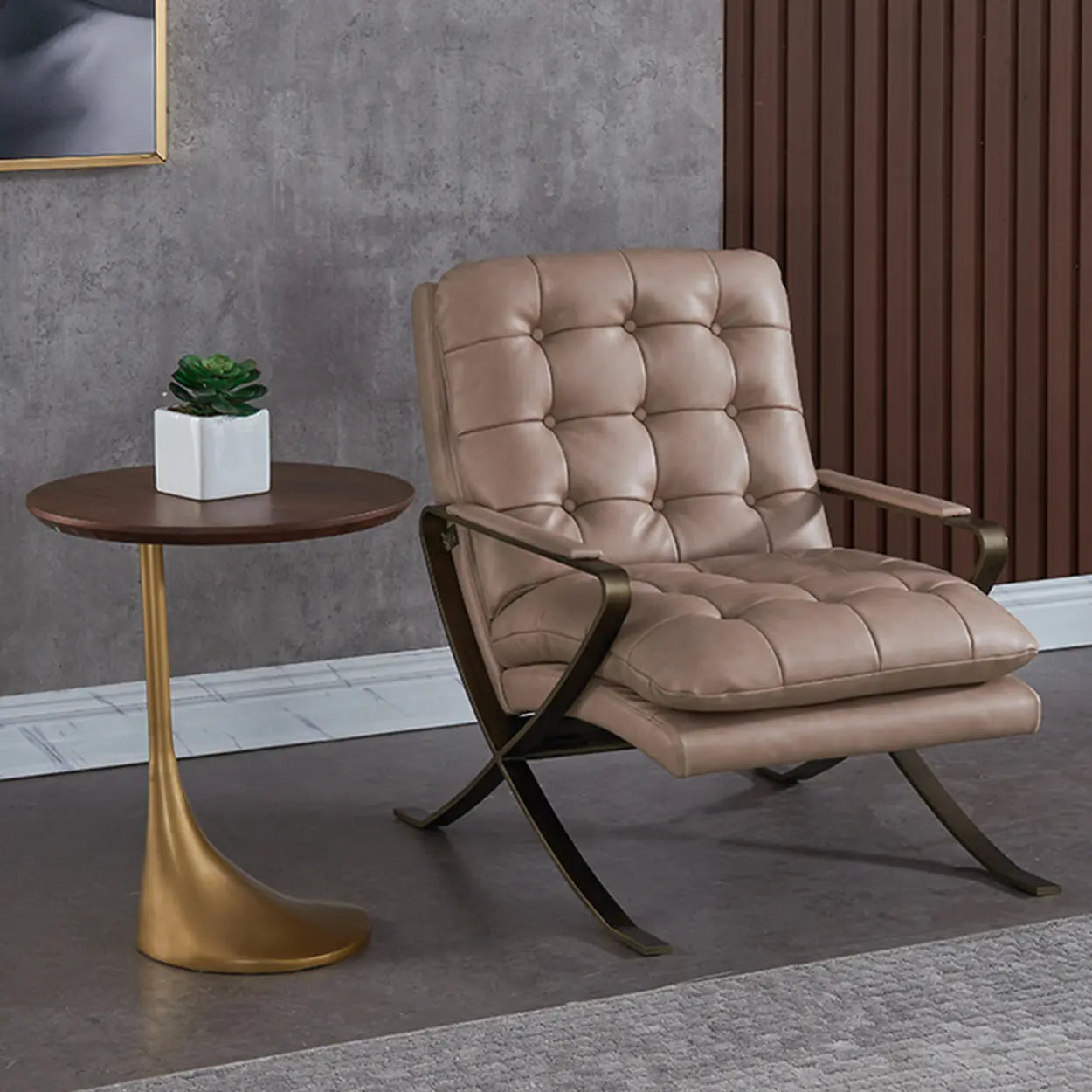 Contemporary Gold-Base Round Walnut Side Table