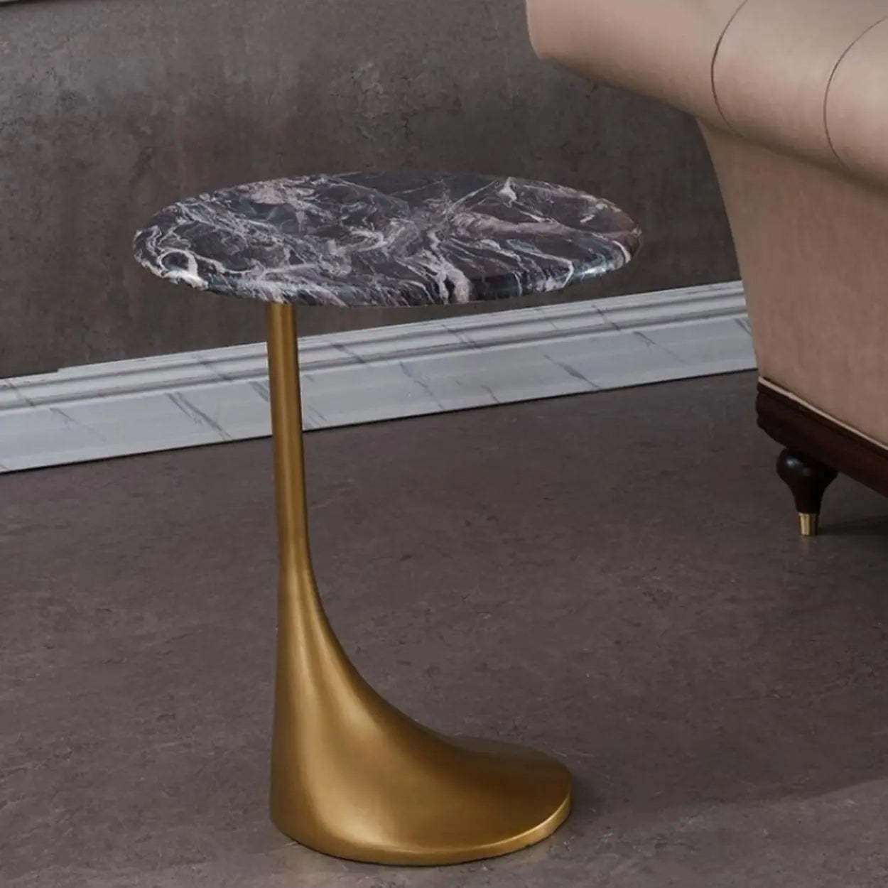 Contemporary Gold-Base Round Walnut Side Table — White