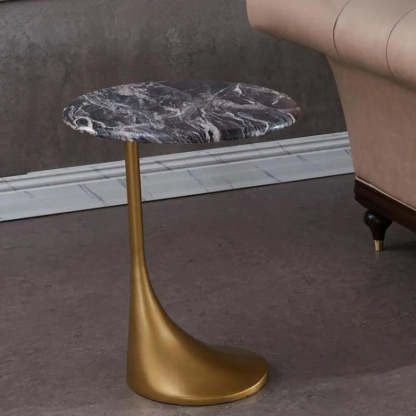 Contemporary Gold-Base Round Walnut Side Table — White