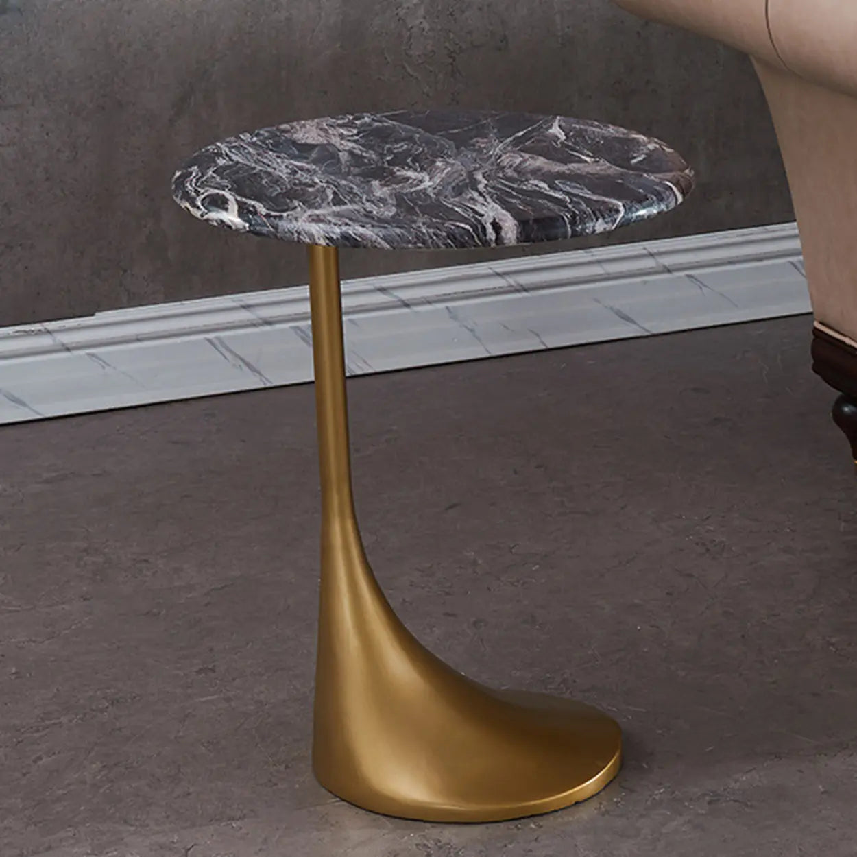 Contemporary Gold-Base Round Walnut Side Table — Dark Walnut