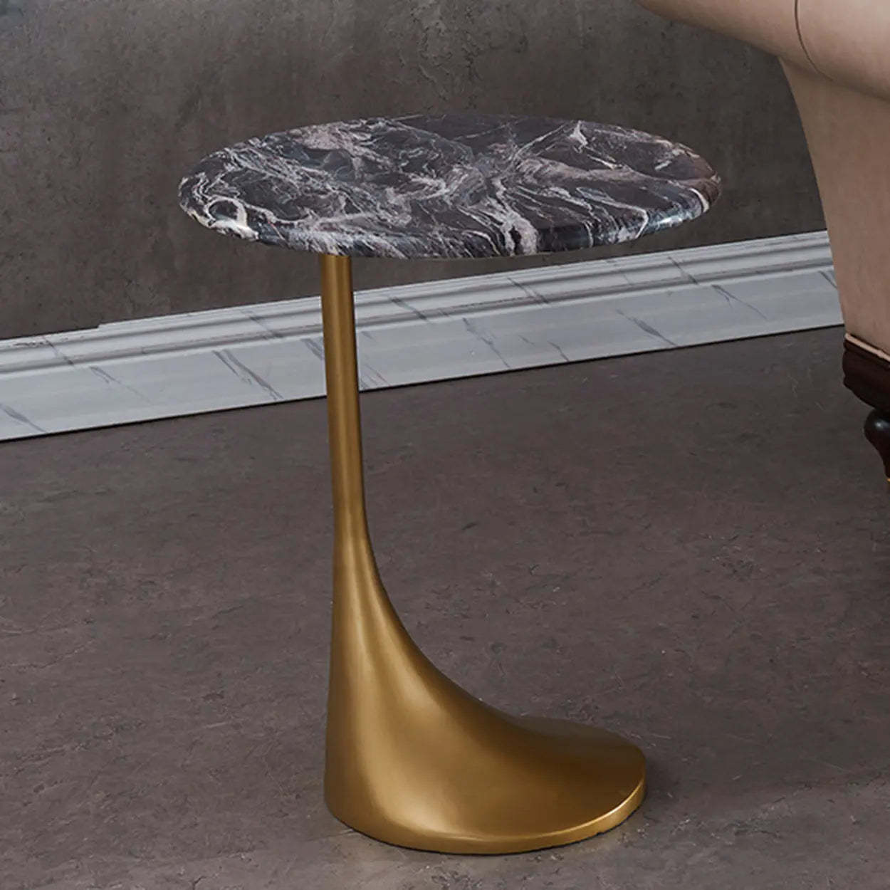 Contemporary Gold-Base Round Walnut Side Table — Dark Walnut