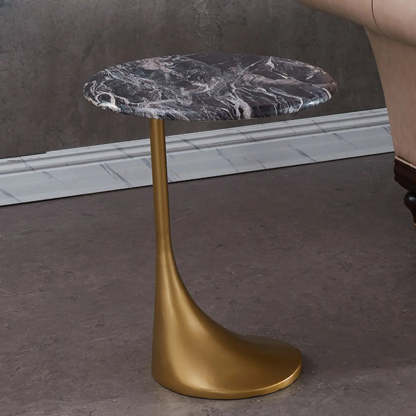 Contemporary Gold-Base Round Walnut Side Table — Dark Walnut