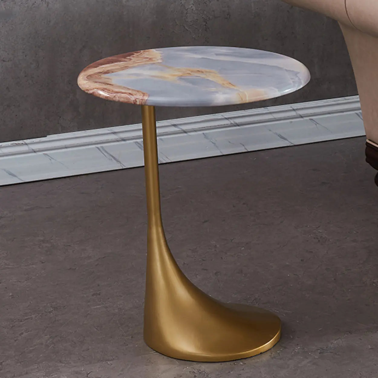 Contemporary Gold-Base Round Walnut Side Table