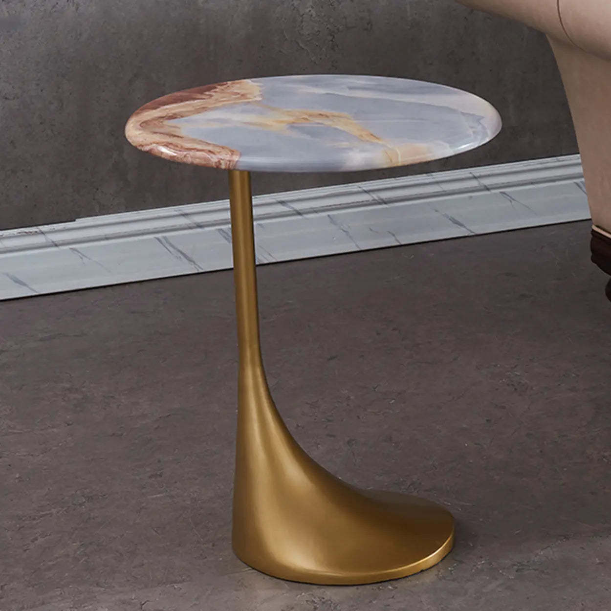Contemporary Gold-Base Round Walnut Side Table