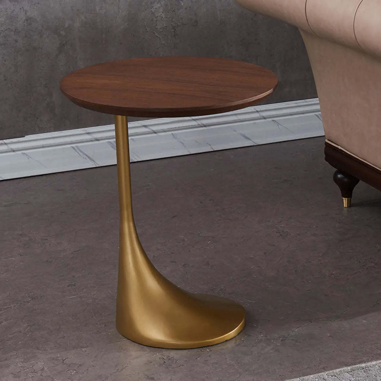 Contemporary Gold-Base Round Walnut Side Table