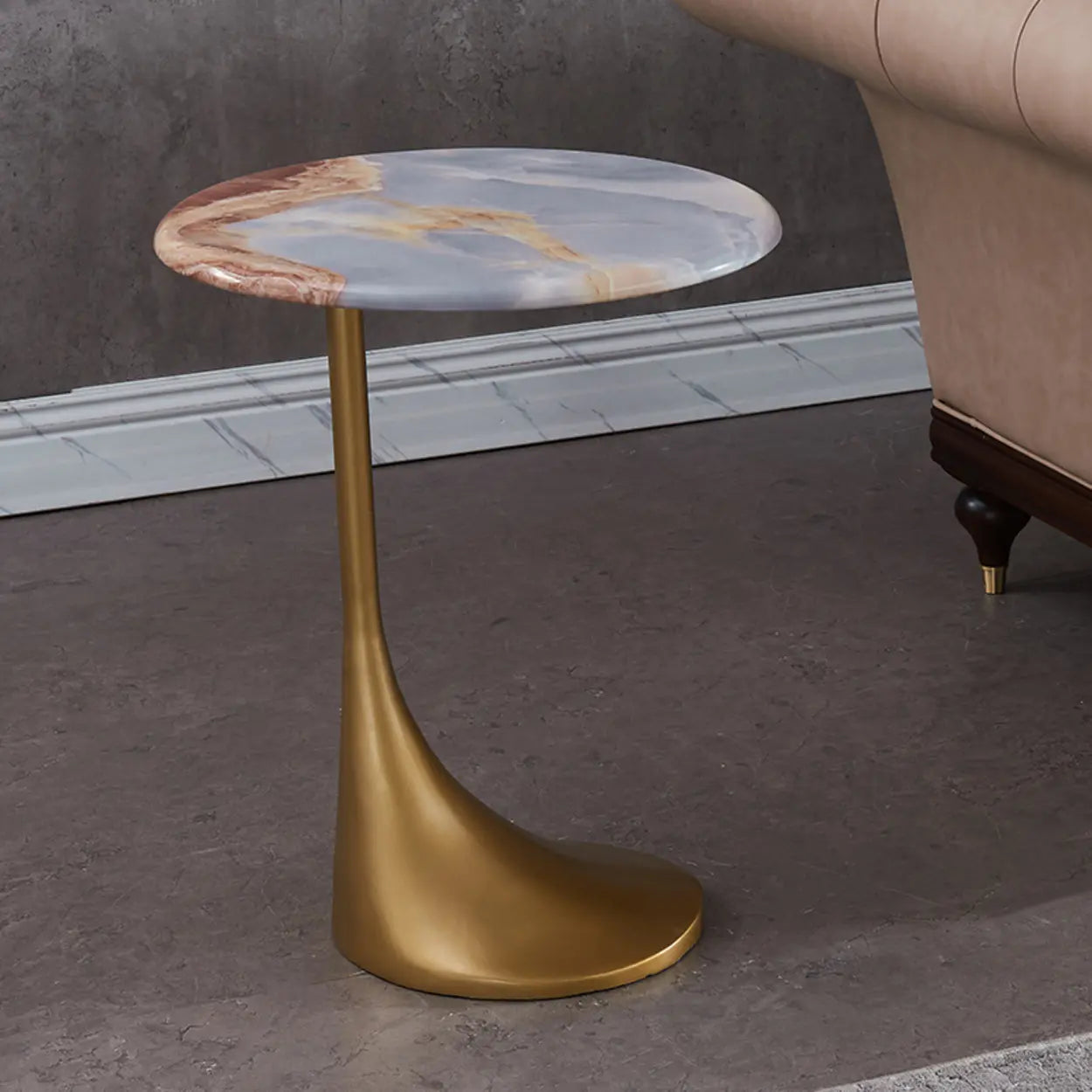 Contemporary Gold-Base Round Walnut Side Table